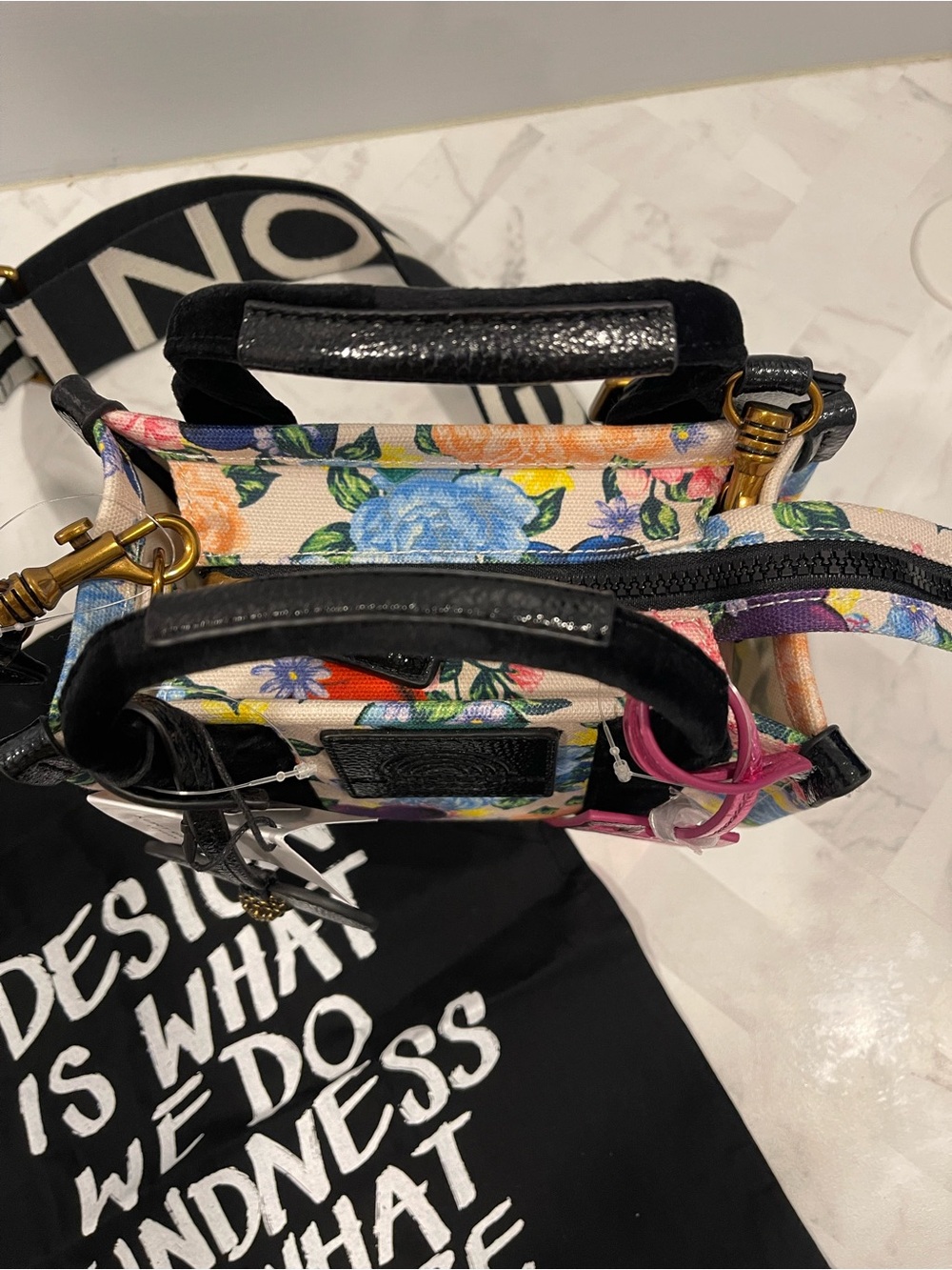Kurt Geiger Floral Mini Tote with Pink LOVE Tag and Black Heart Charm NWT - Picture 7 of 9